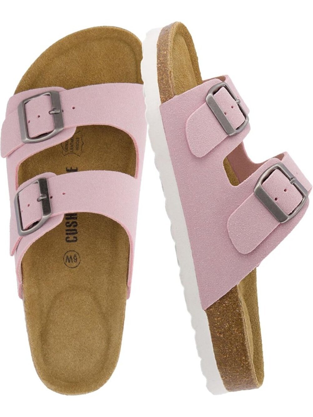 Women's Pink Suede Footbed Sandals Comfort Double Buckle Two Strap Flats Shoes
